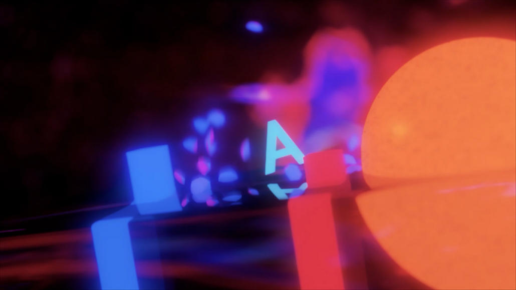 Wir sehen einen Screenshot von einer 3D Intro Animation, welche für ein neues On-Air Design erstellt wurde. Auf dem Screenshot sehen wir den Buchstaben A, welcher gerade über mehrere, verschiedenfarbige Blöcke springt.