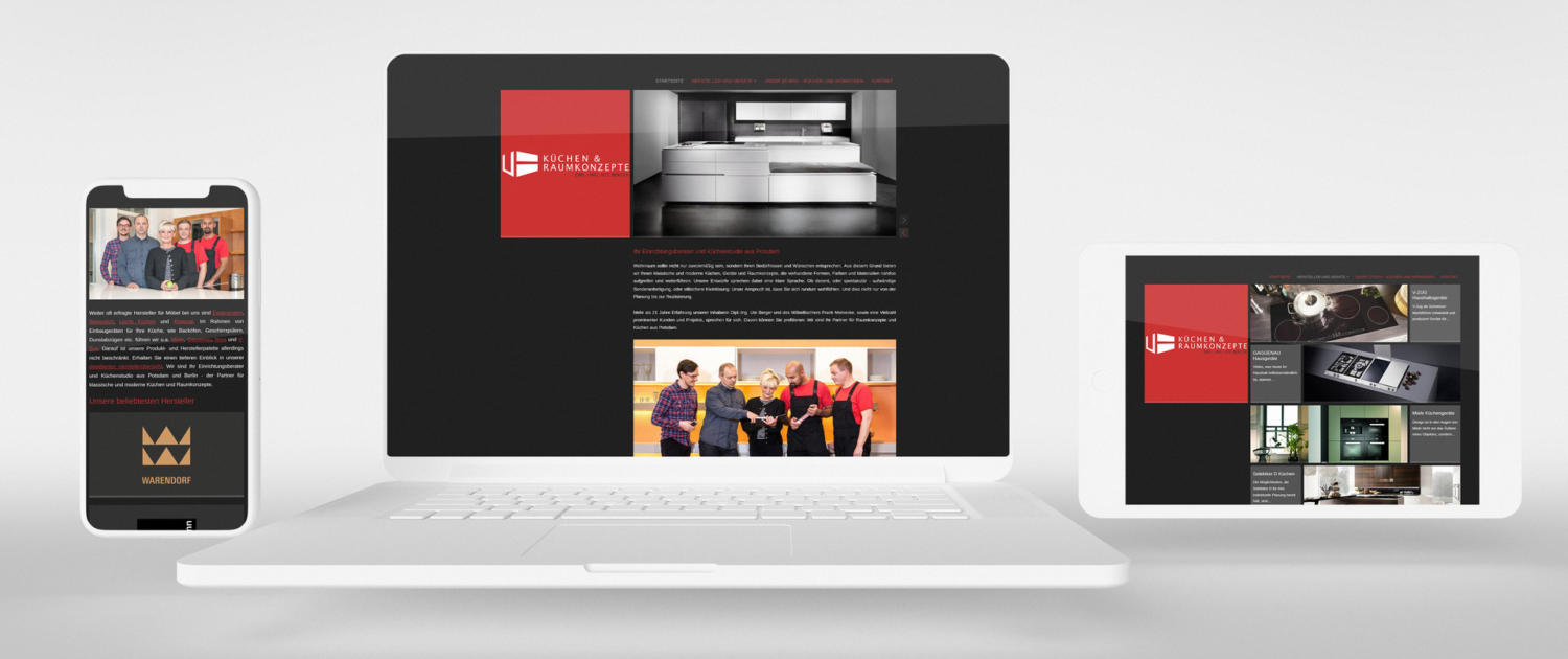 Mockup showing the Website Creation result on three white devices
