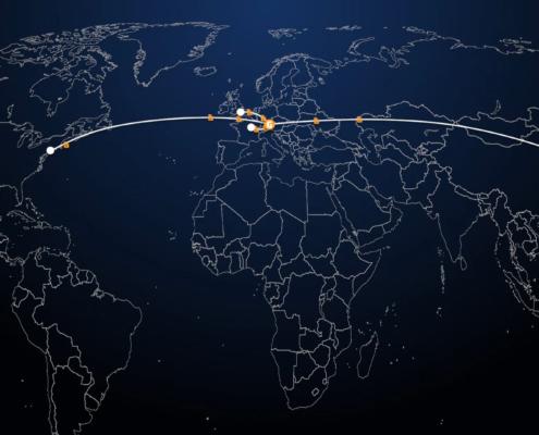 Erklärvideo Standbild einer Weltkarte mit Verbindungen zwischen internationalen Börsenplätzen