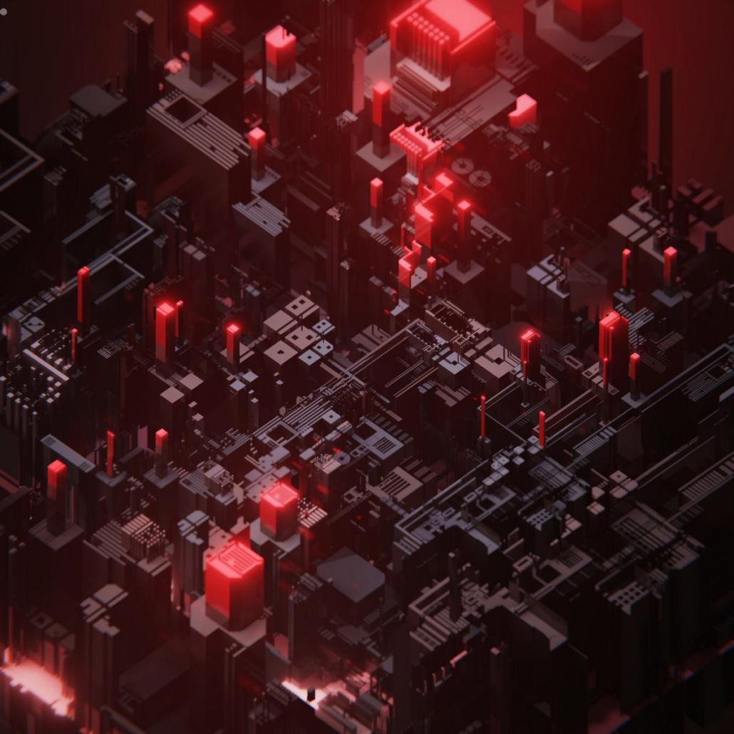 Eindrucksvoll in 3D lassen sich heutzutage Platinen von einer 3D-Agentur in Berlin erstellen, wie in diesem Bild verdeutlicht: In Nahaufnahme und in isometrischer Perspektive dargestellt, sehen wir ein Netzwerk aus Platinen und Schaltkreisen. Diese sind in schwarzer und roter Farbe abgebildet. Ähnlich einer Stadt aus solchen Strukturen, leuchten manche der wie Gebäude anmutenden Gebilde rötlich.