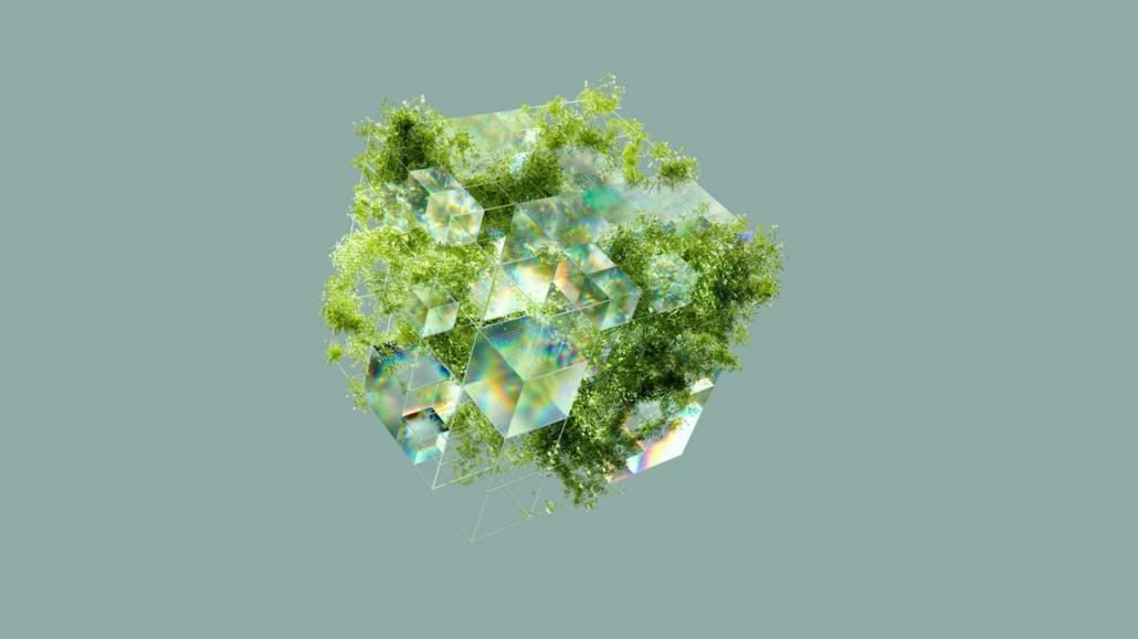 Ein fantasievoller, gläserner Würfel ist im Zentrum des Bildes schwebend vor türkisem Hintergrund abgebildet und steht für ein Arbeitsbeispiel einer 3D-Agentur in Berlin. Er ist in einer perspektivischen Ansicht dargestellt und, einem Mosaik gleichend, in viele, unterschiedlich große Würfel unterteilt, die teilweise unscharf gezeichnet sind. Der Würfel ist von grünen Pflanzen durchwuchert.