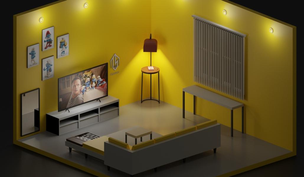 Ein Erklärvideo im isometrischen Stil erstellen, veranschaulicht über dieses Bild, wo ein typisch stilvoll eingerichtetes Wohnzimmer mit gelber Tapete drei-dimensional in der isometrischen Perspektive dargestellt ist. Charakteristisch hierfür sind die parallel verlaufenden Linien im Raum.