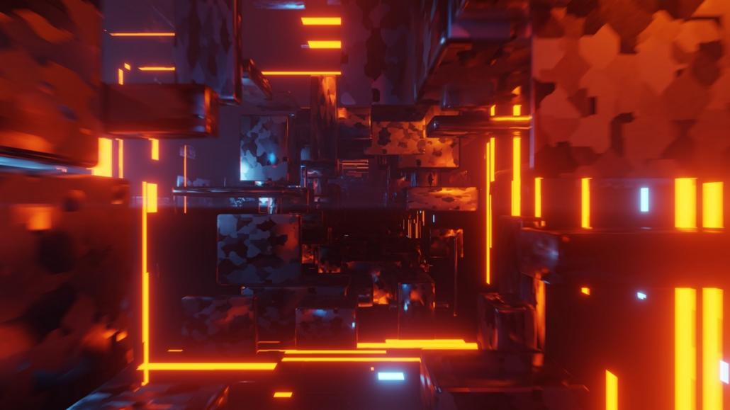 Einen surrealen Raum digital in 3D erstellen. Ein digital erzeugter virtueller Raum in 3D ist dargestellt. Dieser besteht durchgehend aus Blöcken. Das Interieur der Szene ist mit rot-gelbem Licht stark ausgeleuchtet. Von außen fällt teilweise kaltes Licht in den Innenraum. Die Szenerie erinnert stark an einen Raum im Weltall.