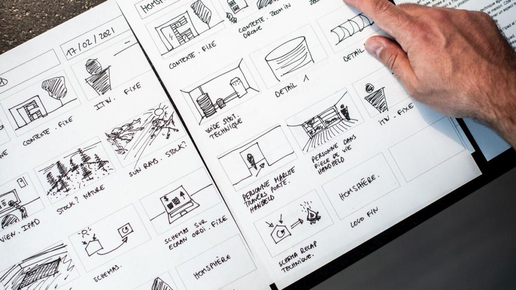 Eine Erklärvideo-Agentur arbeitet oft mit Storyboards. In Großaufnahme ist ein in schwarz-weiß gezeichnetes Storyboard zu sehen, welches bei einer Erklärvideo-Agentur sehr oft zum Einsatz kommt.